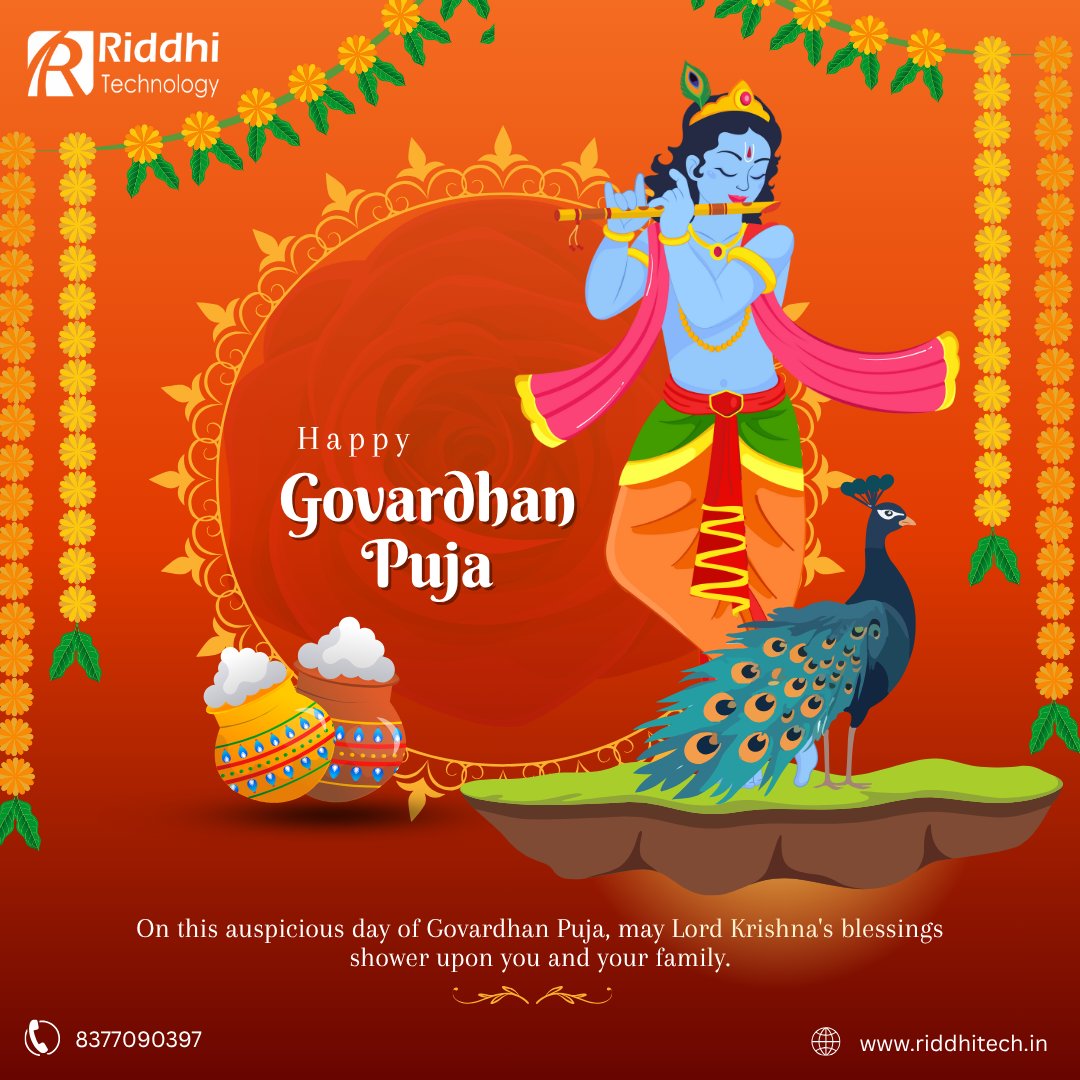 Riddhitech1's tweet photo. Happy Goverdhan Puja! ✨ Let’s celebrate gratitude, abundance &amp; protection. May Lord Krishna’s blessings inspire growth, harmony &amp; success. Wishing you and your loved ones peace and positivity.

#GoverdhanPuja #Blessings #Growth #Harmony #RiddhiTechnology https://t.co/TjWRPVxmj1