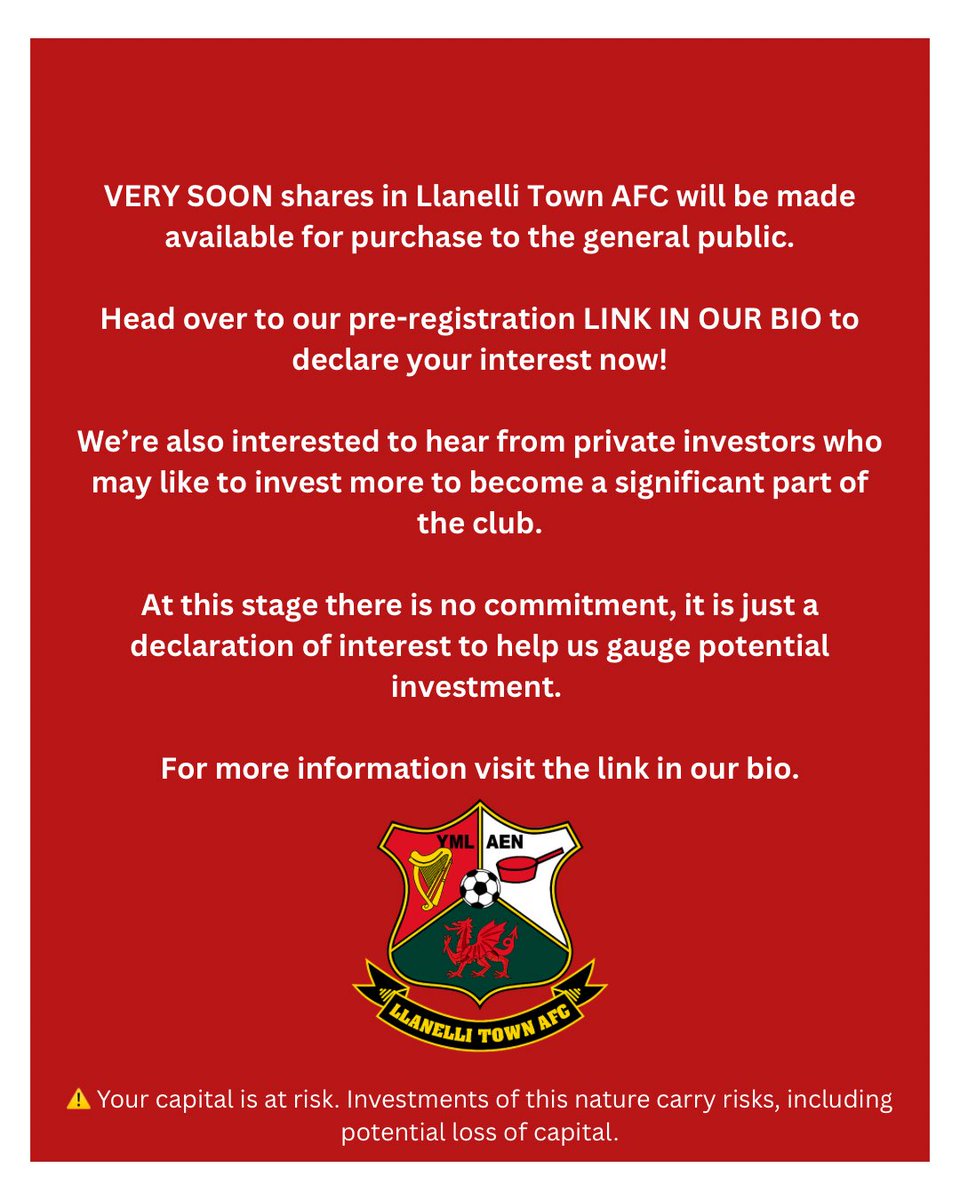 BECOME AN OWNER OF LLANELLI TOWN AFC 🔴⚪️

Very soon, shares in Llanelli Town AFC will be available to purchase! We’re partnering with Republic Europe to make it easier than ever for our fans and supporters to own a piece of the club.

We’re also keen to hear from those who may