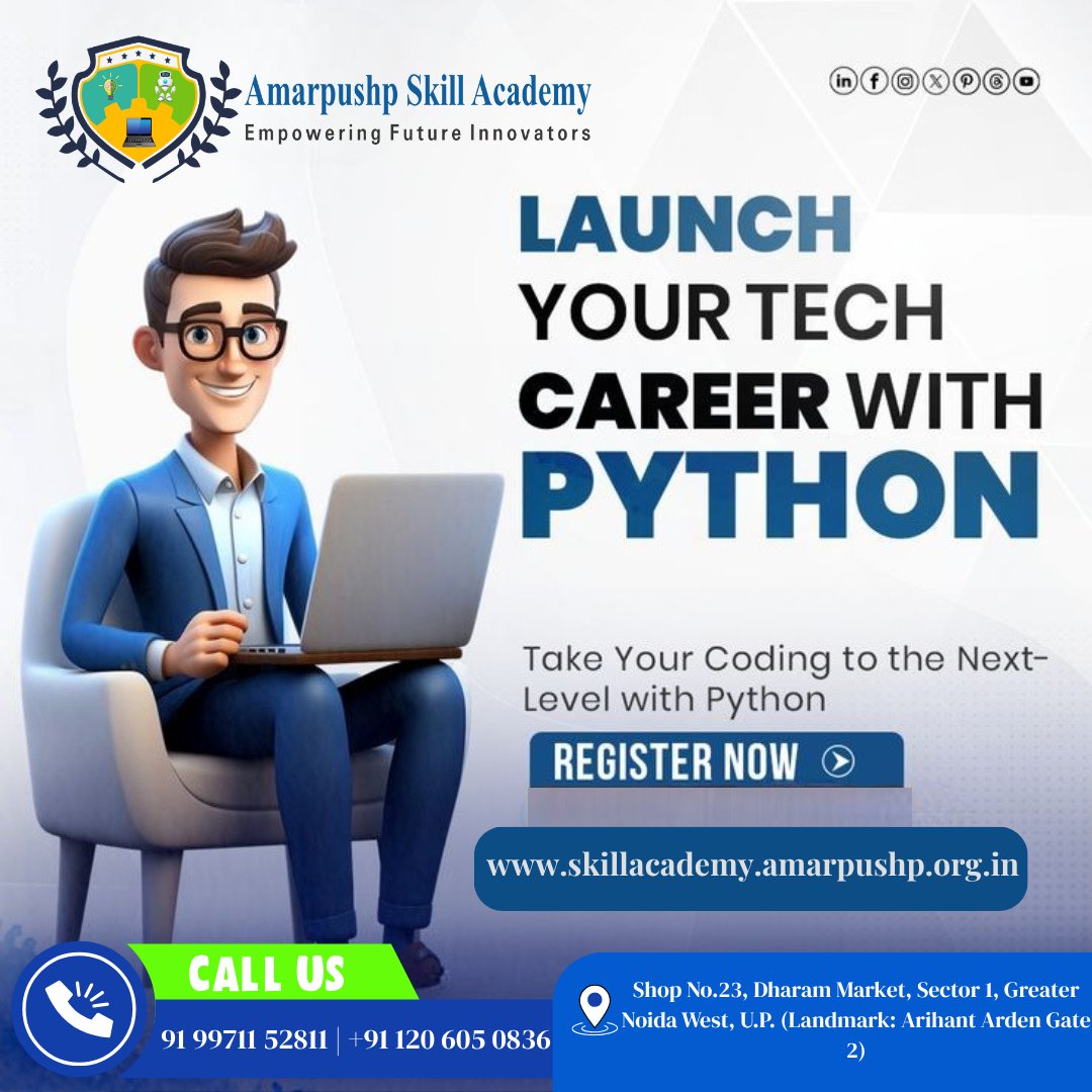 apskillacademy's tweet image. 🐍 Launch Your Tech Career with Python!
Take your coding skills to the next level with Amarpushp Skill Academy – Empowering Future Innovators.
Join our Python Programming Course and unlock endless opportunities in the tech world.
#PythonTrainingInNoidaExtension #SkillDevelopment