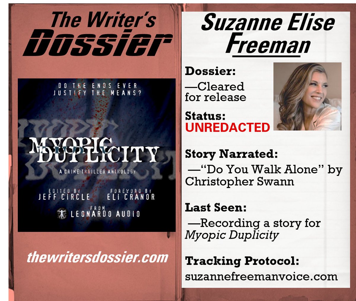Narrator week continues at The Writer's Dossier with Suzanne Elise Freeman and the story she read for MYOPIC DUPLICITY by Christopher Swann titled, "Do You Walk Alone." <a href="/LeonardoAudio/">Leonardo Audio</a> 

Crushed it!

thewritersdossier.com | leonardoaudio.com