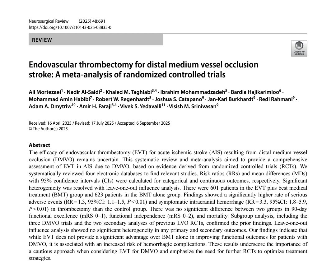 What do pooled results from DMVO trials really show? Please read findings in our latest paper.
Special thanks to Dr <a href="/visishs/">Visish M. Srinivasan, MD</a> for supervision and to team for great work! 
<a href="/RahmaniRedi/">Redi Rahmani</a> <a href="/AmirHFaraji/">Amir Faraji, MD, PhD</a> <a href="/vsyedavalli/">Vivek Yedavalli, MD, MS, FAHA</a> <a href="/JCatapanoMD/">Joshua Catapano</a> <a href="/JanKarlBurkhar1/">Jan-Karl Burkhardt, MD</a> <a href="/KTaghlabi/">Khaled M. Taghlabi, MD</a>  
Link:link.springer.com/article/10.100…