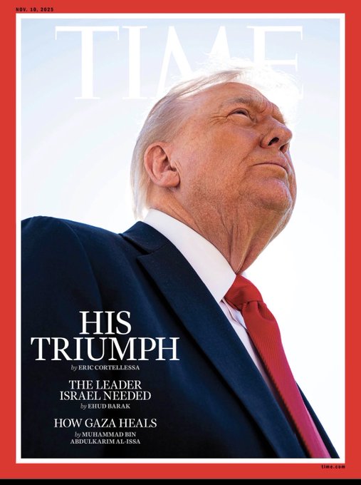First image is a screenshot of a tweet by Donald J Trump with text complaining about a Time magazine article and picture that disappeared his hair and added a small floating crown-like object on his head calling it weird and taken from an under angle deserving to be called out with engagement metrics visible. Second image is the Time magazine cover from November 18 featuring Donald Trump in a dark suit white shirt red tie looking upward with white hair ears visible against a light background with red border and text His Triumph The Leader Israel Gaza Heals Muhammad bin.