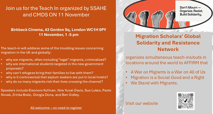 ssahe_uk's tweet image. Our next event: Events
Migration Scholars’ Global Solidarity and Resistance Network: Global Teach-Ins/Outs, 11 November 1-5 pm Birkbeck Cinema, 43 Gordon Square ssahe.net/2025/10/13/mig…