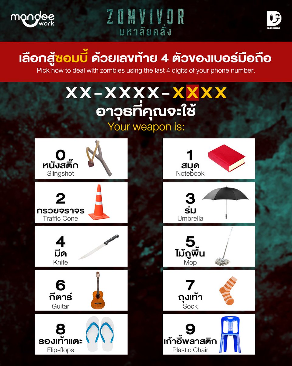 zomvivorseries's tweet image. เช็กเบอร์ของคุณ จะรอดจากซอมบี้หรือไม่!
31 ตุลาคมนี้ ร่วมระทึกขวัญใน 'ZOMVIVOR SERIES: มหาลัยคลั่ง' ซีรีส์จากค่ายดูมันดิ ดูพร้อมกัน 190 ประเทศทั่วโลก ที่ Netflix เท่านั้น!
Your Phone Number Knows… Will You Survive the Zombies?
This October 31, brace yourself for the ultimate…