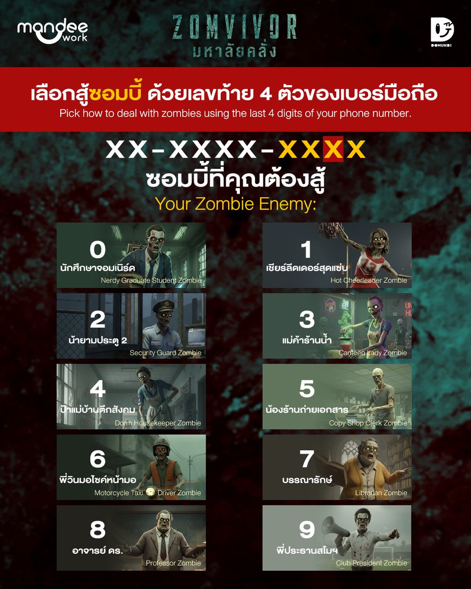 zomvivorseries's tweet image. เช็กเบอร์ของคุณ จะรอดจากซอมบี้หรือไม่!
31 ตุลาคมนี้ ร่วมระทึกขวัญใน 'ZOMVIVOR SERIES: มหาลัยคลั่ง' ซีรีส์จากค่ายดูมันดิ ดูพร้อมกัน 190 ประเทศทั่วโลก ที่ Netflix เท่านั้น!
Your Phone Number Knows… Will You Survive the Zombies?
This October 31, brace yourself for the ultimate…