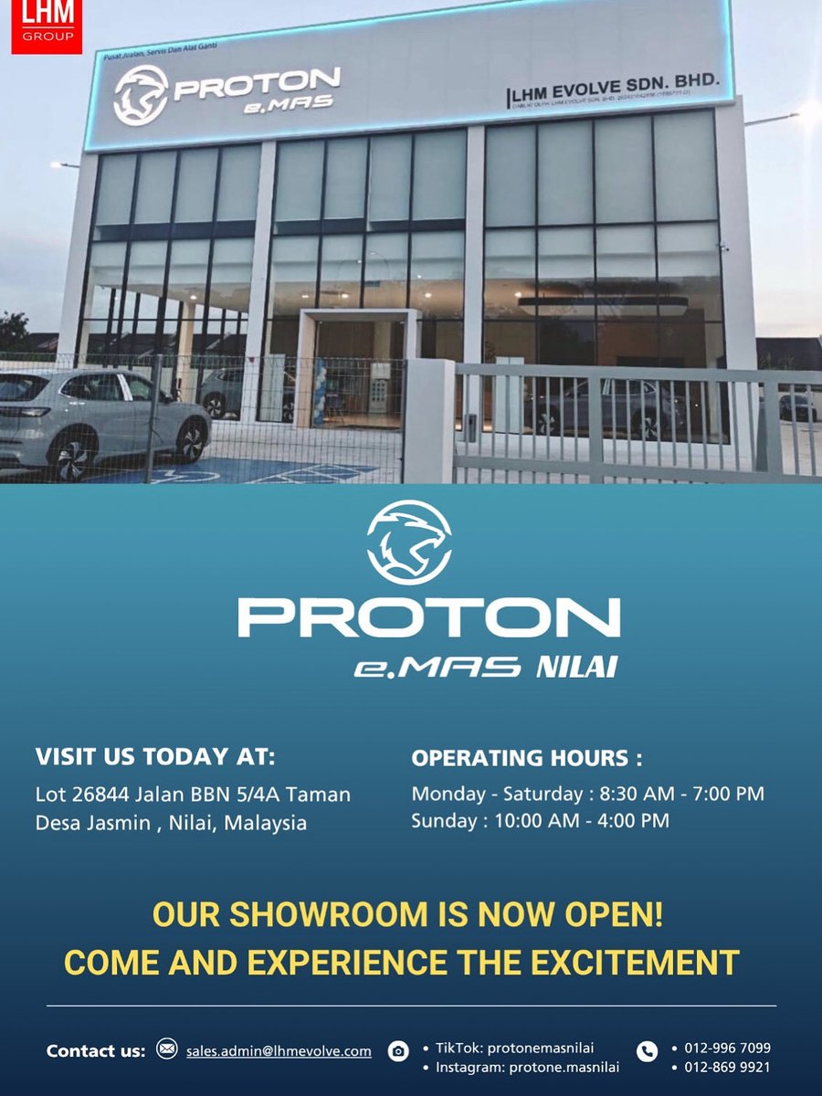 MuszeMAS's tweet image. Hi orang Nogori dan sekitar! 

Jemput datang ke showroom Proton e MAS Nilai yang paling besar di Negeri Sembilan. Boleh bawa family member untuk test drive 😁.

Waze sahaja ( Proton e.MAS Nilai ) 

#showroomopening #protonemas #ProtonEMAS7 #ElectricFuture #lhmevolve