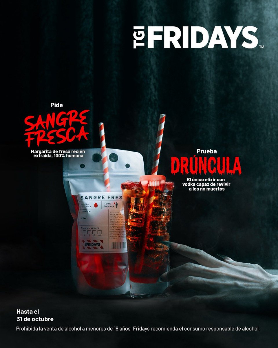 Halloween llega con dos cócteles que hacen temblar a los vivos… y revivir a los muertos. Tienes hasta el 31 de octubre para probar “Sangre Fresca” (margarita de fresa) o “Drúncula” (vodka). Ven a Fridays… ¡e híncales el diente! 🩸🍸