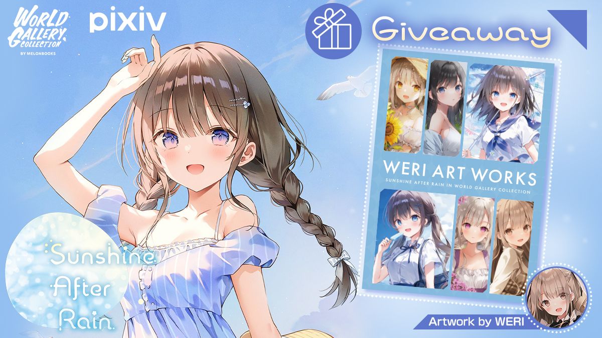 계정을 팔로우&amp;트윗에 댓글을 남기고,  WERI 작가님의 친필 사인이 들어간 오리지널 굿즈를 GET하세요! 🩵🤍

일러스트레이터 WERI 작가님의 한국 개인전 'WGC by WERI ~Sunshine After Rain~' 개최를 기념하여 선물 이벤트를 진행합니다!🌟

【참여 방법】
WERI 작가님( <a href="/weri__/">WERI</a> ),