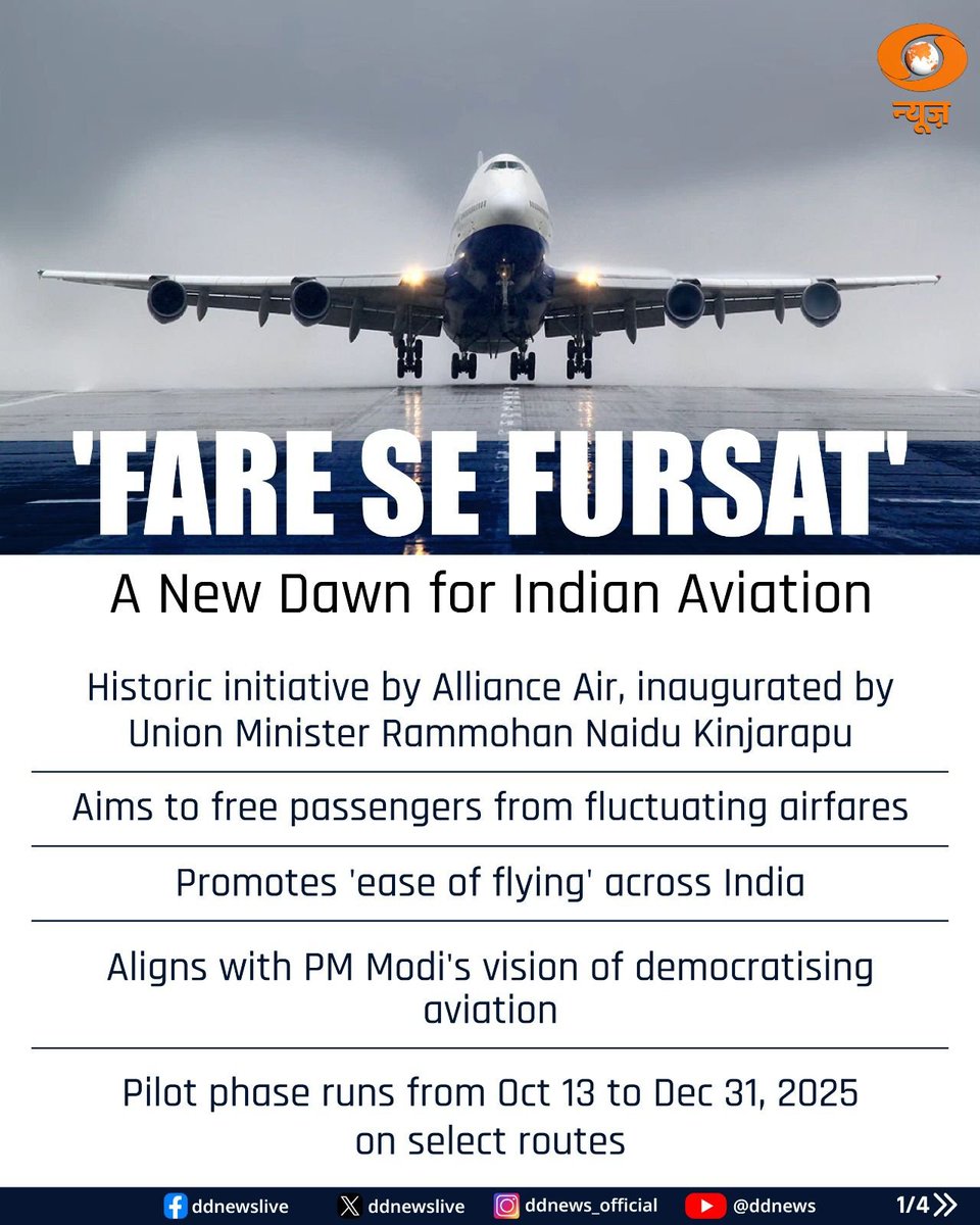 DDNewslive's tweet photo. BIG NEWS for Indian Air Travellers! 

Minister of Civil Aviation, Rammohan Naidu Kinjarapu launches Alliance Air's 'Fare Se Fursat' initiative, ushering in an era of fixed, predictable airfares! No more fluctuating prices ��� travel stress-free. A bold step towards affordable & accessible aviation for all, aligning with PM Modi's vision. 

#FareSeFursat #IndianAviation #AllianceAir #UDAN

@PMOIndia @narendramodi @MoCA_GoI @RamMNK @allianceair @PIB_India @MIB_India
