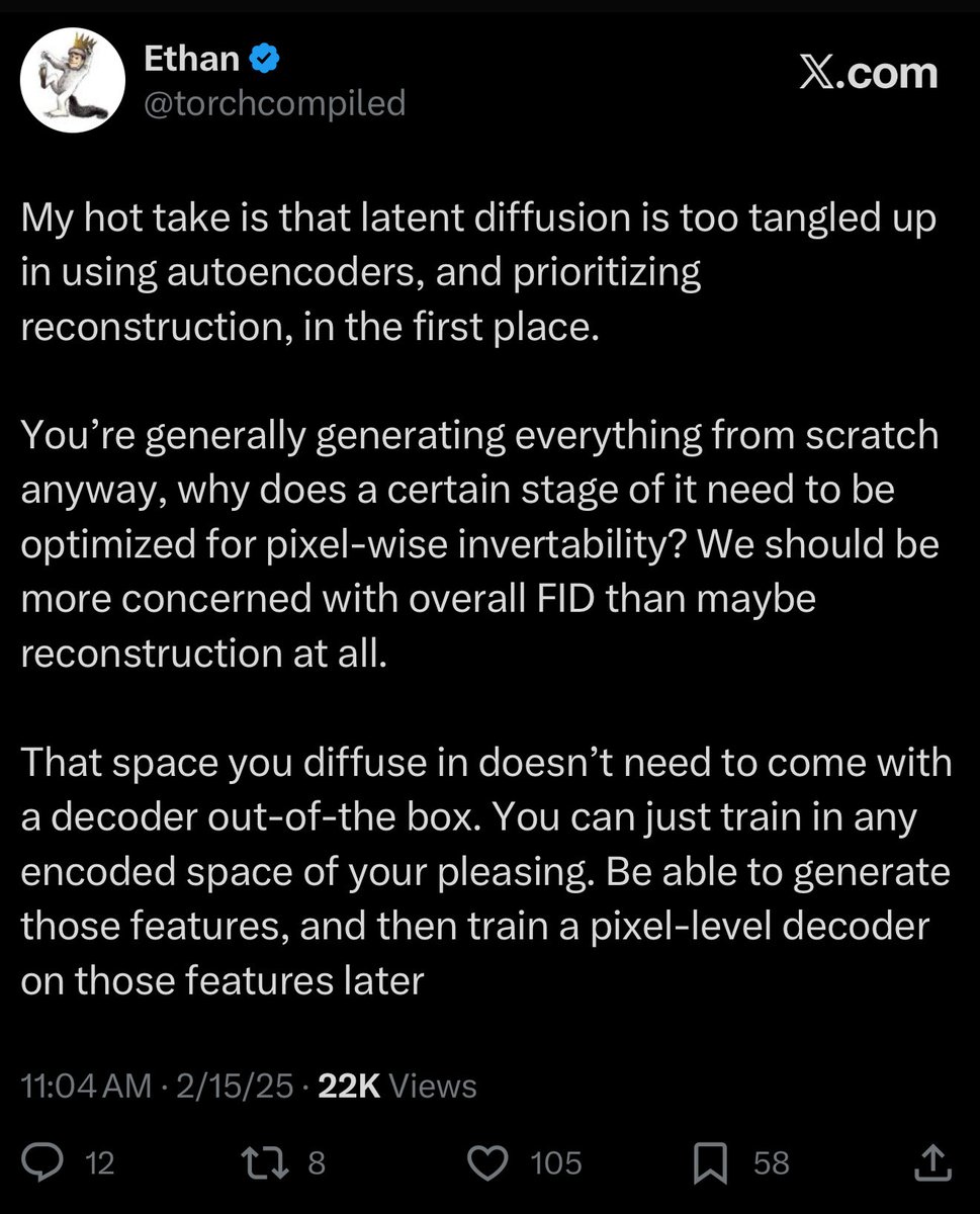 torchcompiled's tweet image. I think this aged well. 

There’s been quite a bit on training VAEs to have favorable representations, aligning them with embedding models. Why not just use the embedding models themself as the latent space?