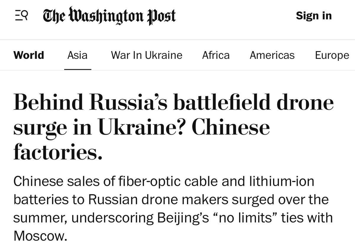 DzisMaksym's tweet image. 🇨🇳⚠️WP: China has materially helped Russia gain a key battlefield advantage in its grinding war against Ukraine, increasing exports over the summer of key components needed to make the fiber-optic drones that have enabled Moscow to overwhelm Ukrainian defenses on the front lines.…