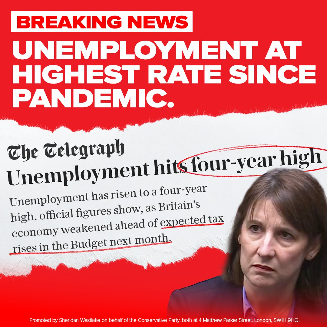 Unemployment is rising because Labour have made it too expensive to hire and too easy not to work.

Keir Starmer has no backbone. He is to weak to stand up to his left-wing MPs and cut welfare.

We have a plan to scrap business rates for shops, pubs and cafés and protect jobs.