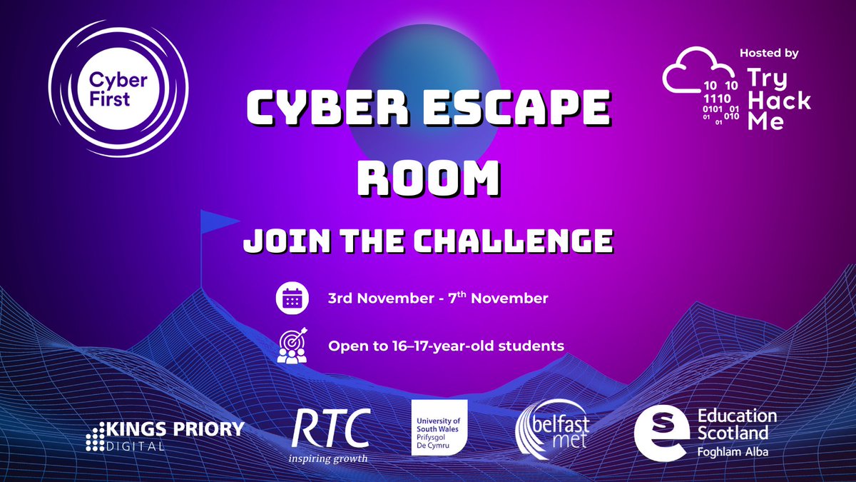 🚨 The #CyberFirst CYBER ESCAPE ROOM is LIVE! 🚀
Hosted on @RealTryHackMe, it’s time to crack codes, solve puzzles &amp; outsmart cyber threats 🔐👾

🗓 Runs until 7th Nov
🎯 Exclusive to CyberFirst schools | Ages 16–17
⏱️ Around 6 hours to complete – flexible in school or at home
🏆
