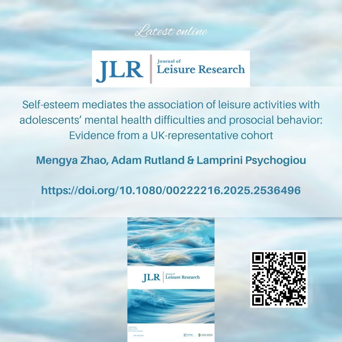 How do leisure activities shape adolescent well-being?

In doi.org/10.1080/002222… shows that leisure at age 14 boosts self-esteem, which in turn reduces mental health difficulties and supports prosocial behavior by age 17 

<a href="/NRPA_news/">NRPA news</a> <a href="/tandfsport/">Routledge Sport, Leisure, and Tourism</a> <a href="/tandfhss/">T&F Social Sciences and Humanities</a> 

#Adolescence