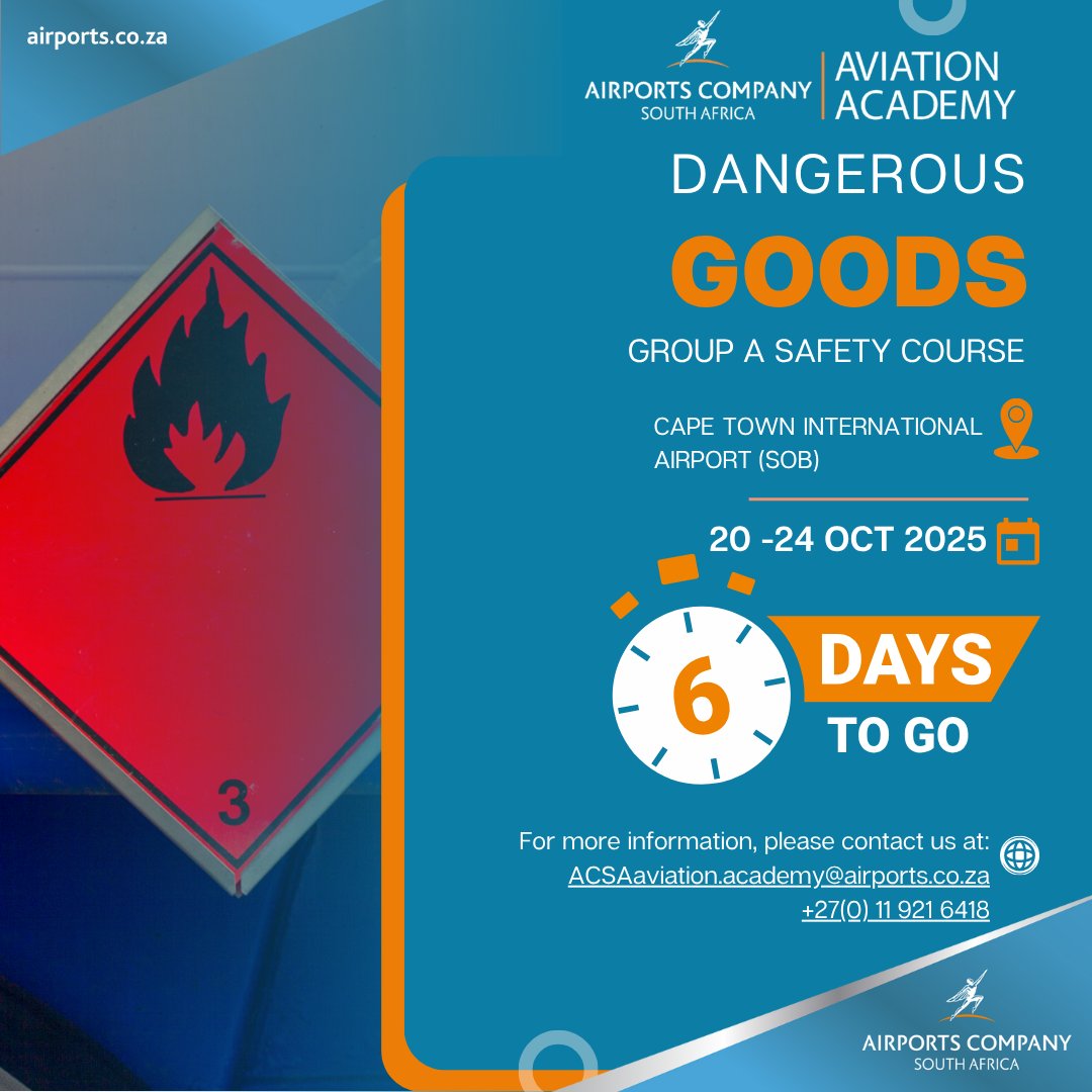 🗓 6 DAYS TO GO 🚨

Safety starts with knowledge! ✈
Get ready to master the fundamentals of the Dangerous Goods Group A Safety Course.

📍 Cape Town International Airport (SOB)
📅 20–24 October 2025

Sharpen your expertise in compliance, packaging, labeling, and handling of