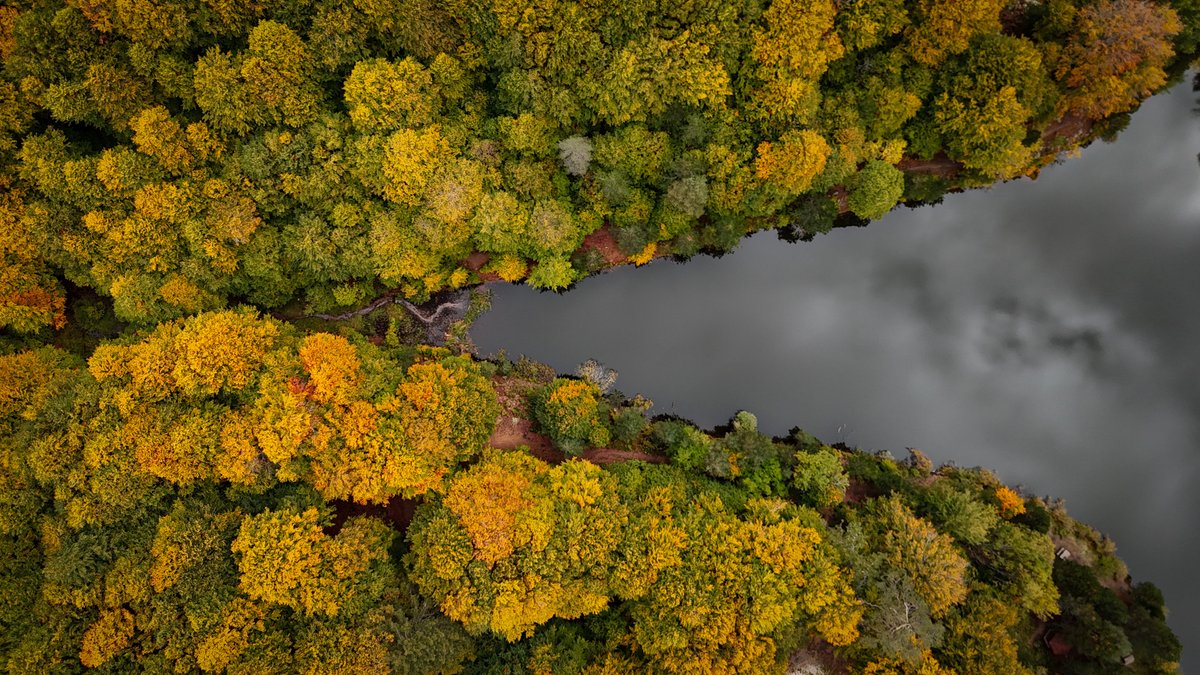 Aerial view of Domanic Mountains in Türkiye's Kutahya, where Ottoman Empire was founded, blanketed in shades of yellow, orange and red with arrival of autumn