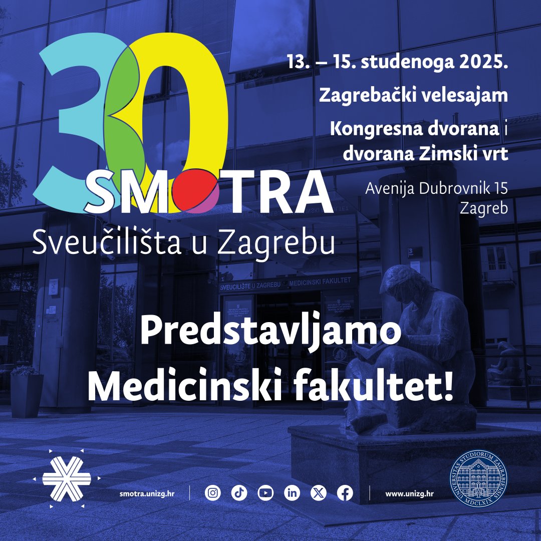 🔜🎊 [𝟛𝟘. 𝕊𝕄𝕆𝕋ℝ𝔸 – predstavljamo 𝗠𝗲𝗱𝗶𝗰𝗶𝗻𝘀𝗸𝗶 𝗳𝗮𝗸𝘂𝗹𝘁𝗲𝘁] 🕵️‍♀️🌐

ℹ️🏫 Informacije o upisu, studijskim programima i studentskom životu na Medicinskom fakultetu potraži na 🔗👉 mef.unizg.hr/30-smotra-sveu…

🤩 𝗩𝗶𝗱𝗶𝗺𝗼 𝘀𝗲❗️

#UniZg #mojesveuciliste #30smotra