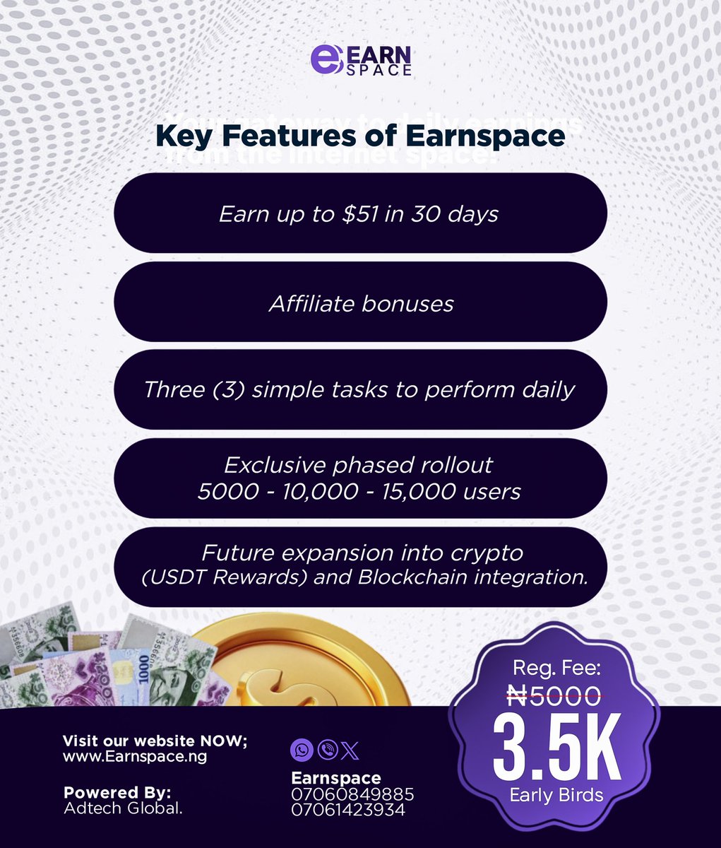 Earnspace1's tweet photo. New users, new stories. 
Join Earnspace today, complete tasks, and start earning no catch!
#Earnspace #JoinNow #EarnToday #TaskRewards #MakeMoneyOnline  #EarnWithEase #OnlineIncome https://t.co/CsSXRMqtH5