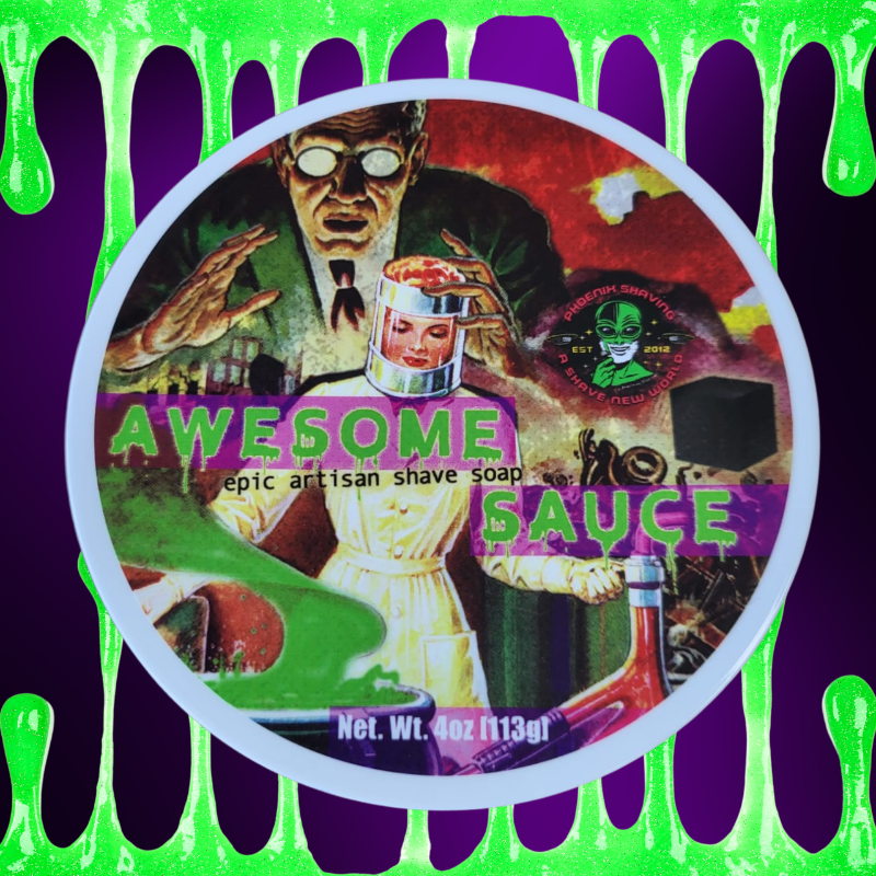 agent_shave's tweet photo. This Halloween, Phoenix Artisan Accoutrements invites you into the lab of madness with Awesome Sauce Shaving Soap! Breathe in the chill of eucalyptus and menthol, citrus slices through the fog like a scalpel. Lavender &amp; talc add a deceptive calm, oakmoss and woody notes stir.
