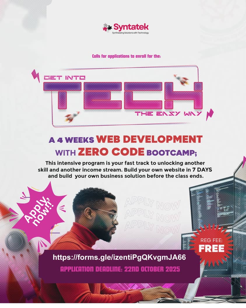 syntatek's tweet image. That’s what Get Into Tech The Easy Way gives you.
A free 4-week program to help you learn, build, and earn.
📅 Deadline: Oct 22
🔗 Apply: forms.gle/izentiPgQKvgmJ…
#GetIntoTech #Syntatek #SkillIsTheNewDegree