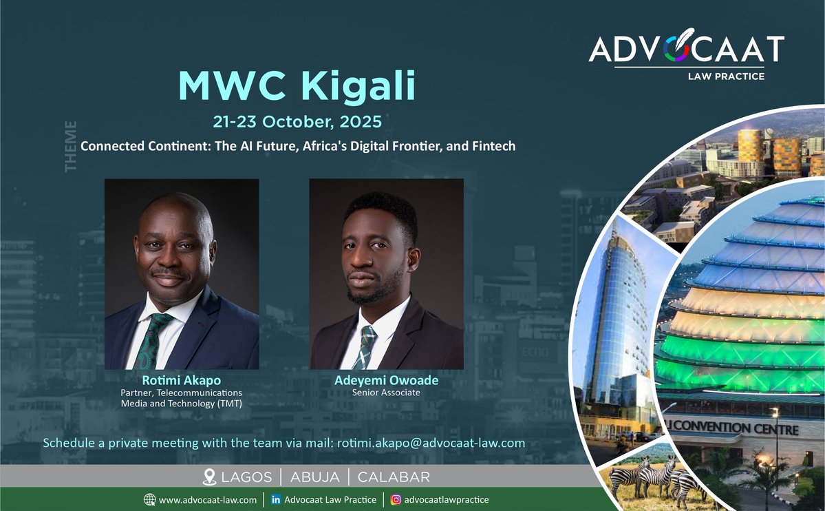 Owoadeyemi's tweet image. Attending the MWC Kigali next week?
Let's meet up and discuss technology, connectivity, and the regulatory frameworks surrounding the same in Africa.
If we don't, who will?
#MWC2025 #mwckigali #techlaw #telecoms #gsma