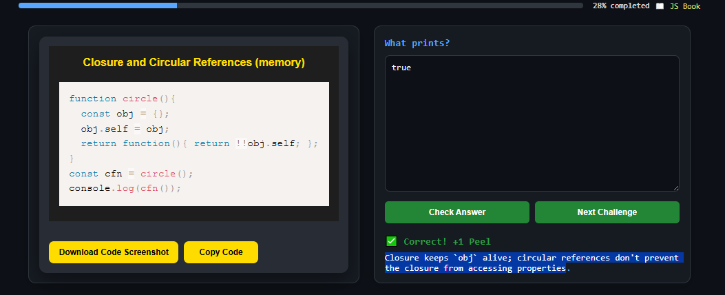 koomekelvink's tweet image. Javascript closures keep values alive — even self-referencing ones.
Closure challenge ->
peelcode.devsip.tech/peel/closure/i…
#javascriptlearning #javascripttips #SoftwareDevelopment #SoftwareEngineering #buildinpublic #letsconnect #100DaysOfCode