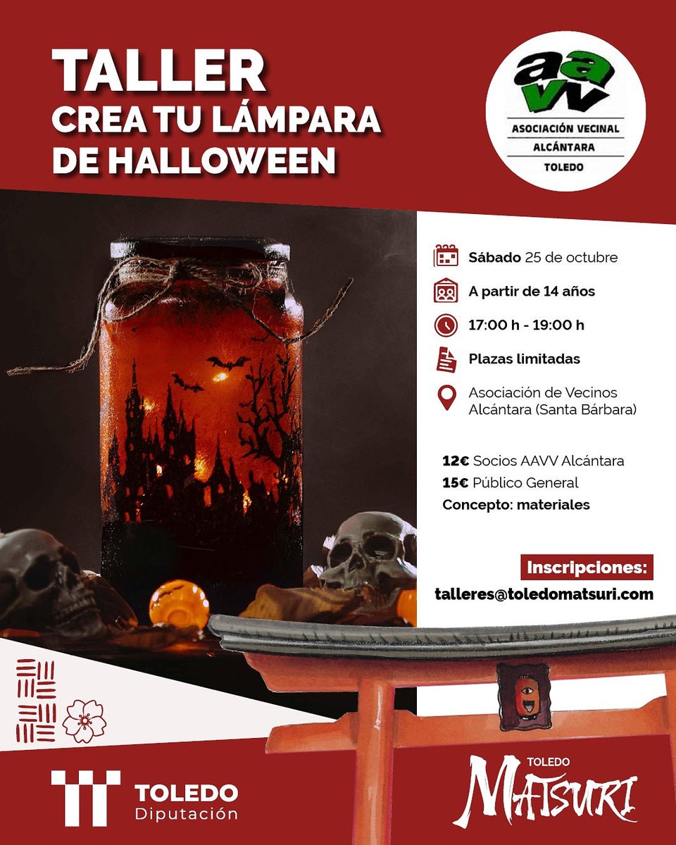 Nuevo y siniestro taller especial Halloween 🎃✨
Donde podrás crear tu propia lámpara, ideal para esta spooky season 👀

🗓️ Sábado 25 de octubre
🕞 17:00 a 19:00
📍 Asociación de vecinos de Alcántara @aavv.alcantara (Santa Barbara) 
📄 Plazas limitadas 
🧑‍🧑‍🧒‍🧒 A partir de 14