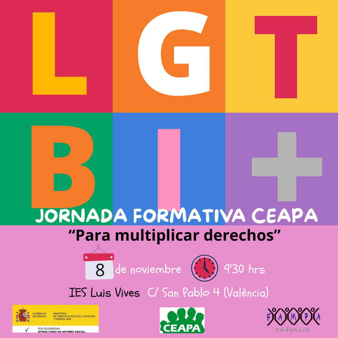 🌈Nos vemos en #Valencia el próximo 8 de noviembre para hablar de derechos del alumnado #LGTBI en la #JornadaCEAPA 👉 "Para multiplicar derechos", que hemos organizado junto a <a href="/FAMPAValencia/">FAMPA-València</a>.

<a href="/MSocialGob/">Ministerio de Derechos Sociales, Consumo y A2030</a> #CEAPA #AMPA #FAMPA #inclusión