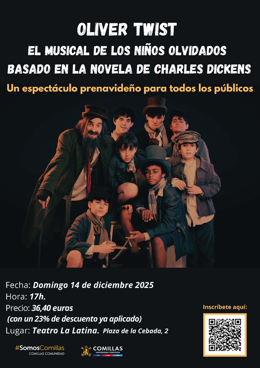 ¡Apúntate a este plan prenavideño y familiar en el Teatro La Latina que te ofrece Comillas Arte!

Ven a conocer la versión de Oliver Twist, el musical de los niños olvidados, basado en la novela de Charles Dickens.