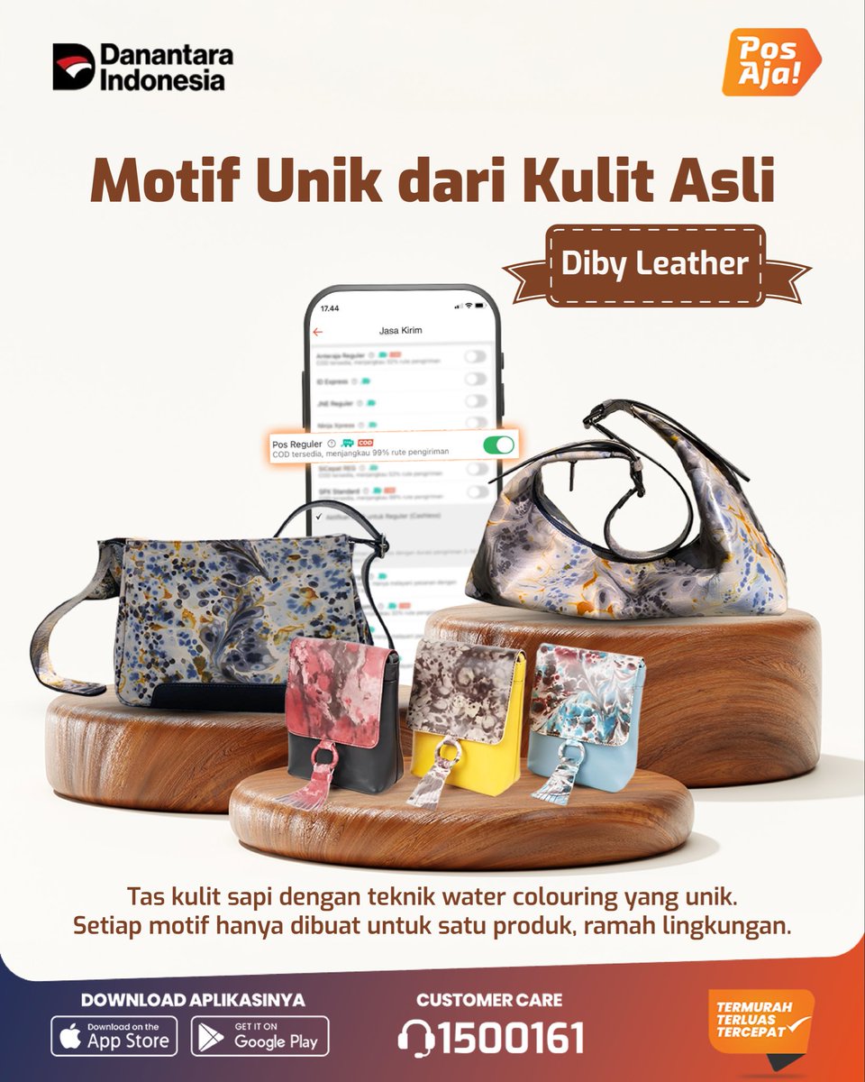 Pernah lihat tas kulit seunik ini? 😍
Diby pakai kulit sapi terbaik &amp; teknik water colouring buat hasilkan motif khas di tiap tasnya.

Sekarang pengirimannya pakai PosAja! — aman, cepat, dan terpercaya 💛
Kalau Diby aja udah pakai, kamu kapan? 😉

Lihat koleksi lengkapnya di