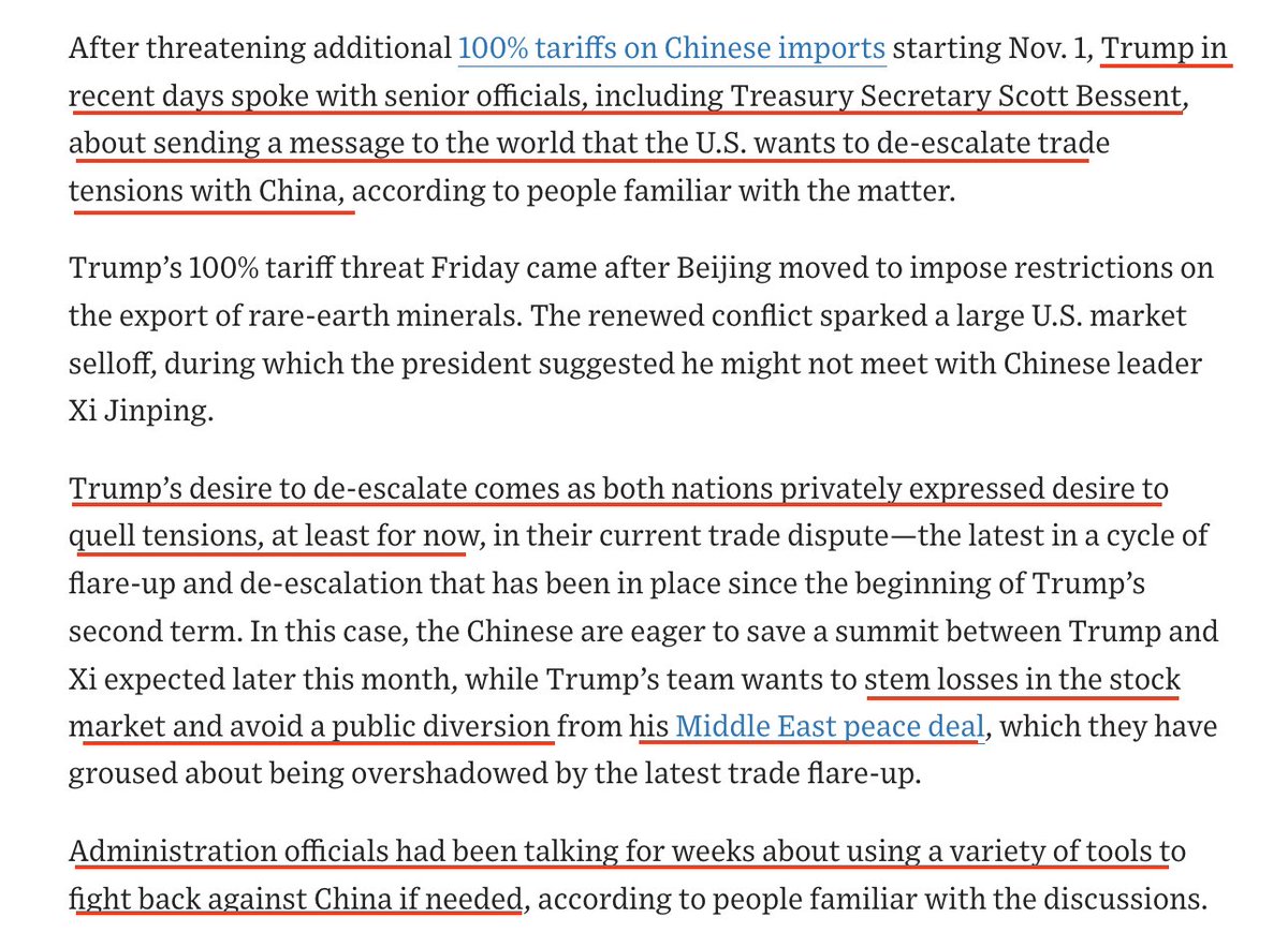 rwang07's tweet image. The WSJ reported that Trump privately discussed with the senior officials about sending a message that the U.S. wants to de-escalate trade tensions with China
- Trump aims to de-escalate trade tensions with China — after threatening 100% tariffs, he and senior officials…