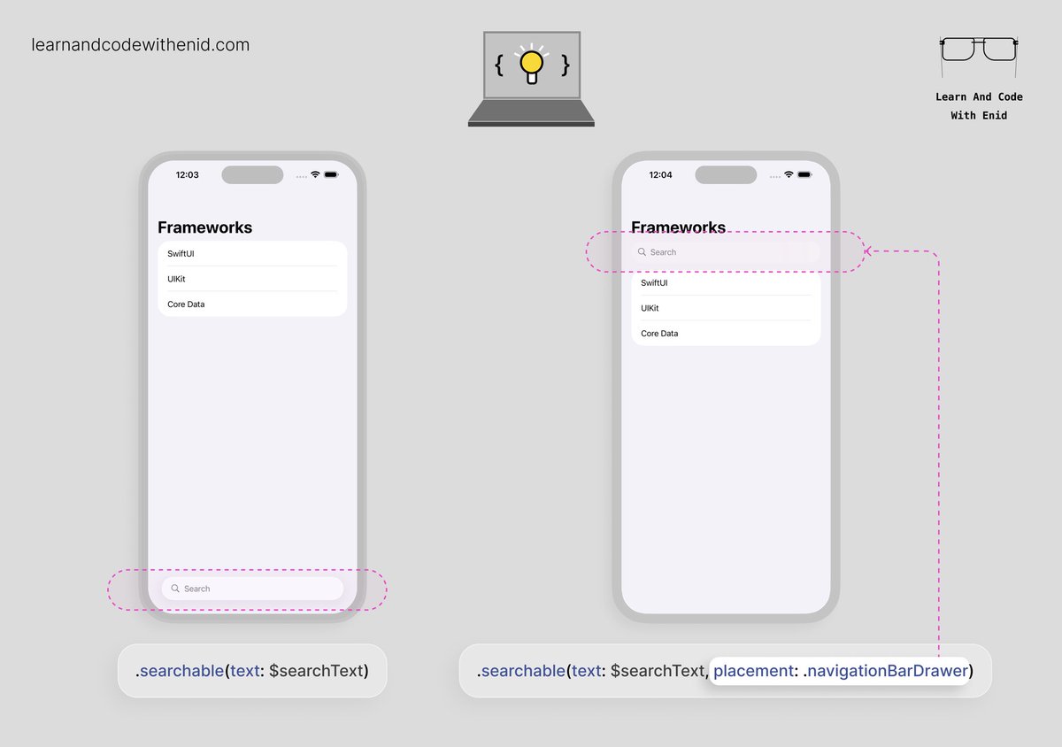 ios_dev_alb's tweet image. SwiftUI Tip 💡
In iOS 26, the search bar appears at the bottom by default.
You can move it to the navigation bar by adjusting the placement in the searchable() modifier.
→ learnandcodewithenid.com