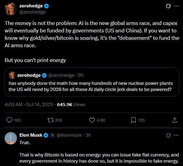 😎 Elon Musk mentioned Bitcoin for the first time in a long while!

In response to a tweet by ZeroHedge that said “You can print money, but you can’t print energy” Musk replied:

“True. That’s why Bitcoin is based on energy — you can fake fiat currency, and every government in