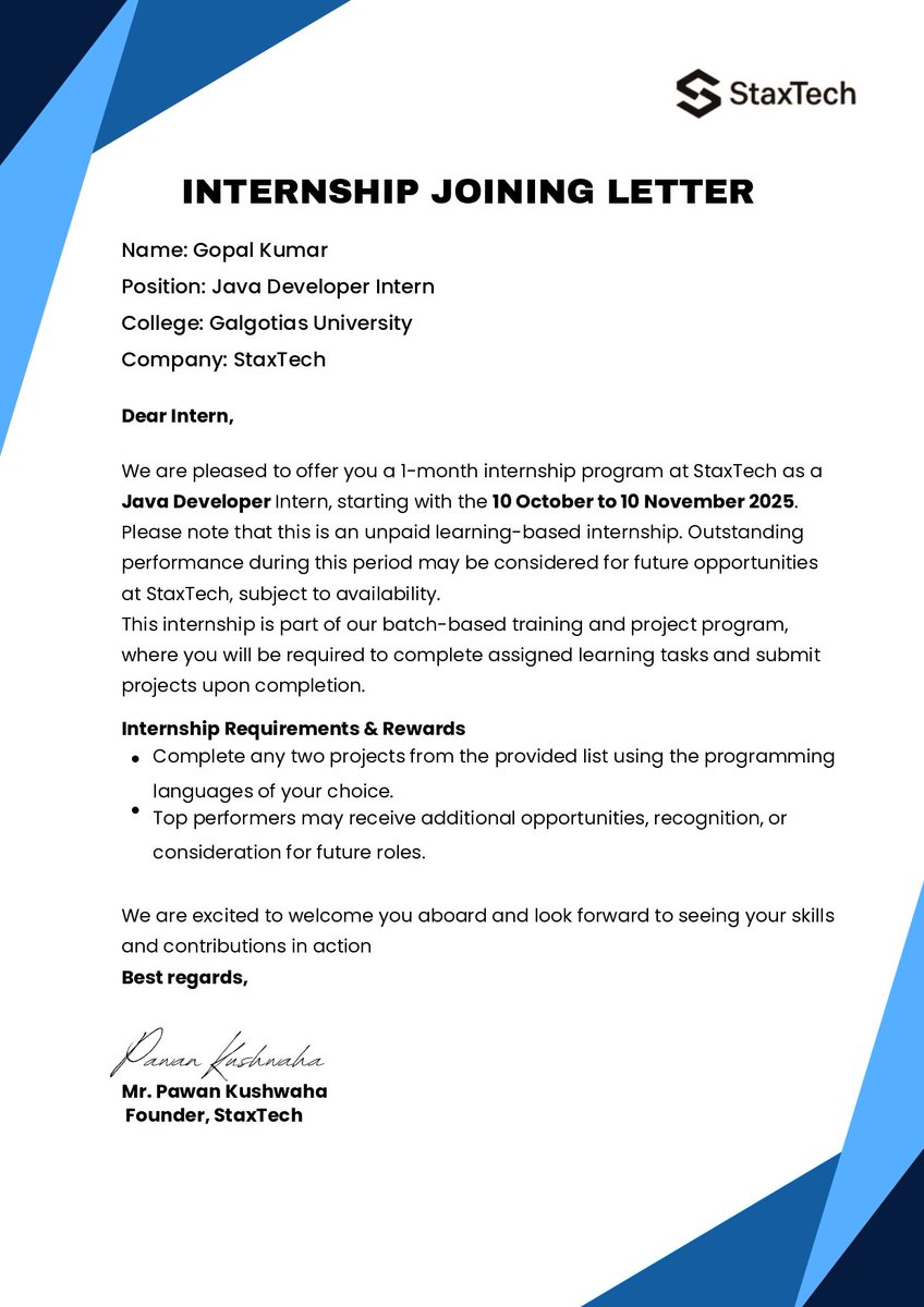 gopalsingh3719's tweet image. Thrilled to begin my journey as a Java Developer Intern at StaxTech! Grateful to Galgotias University for the continuous support and learning opportunities ahead. 🚀
#Internship #JavaDeveloper #StaxTech #GalgotiasUniversity