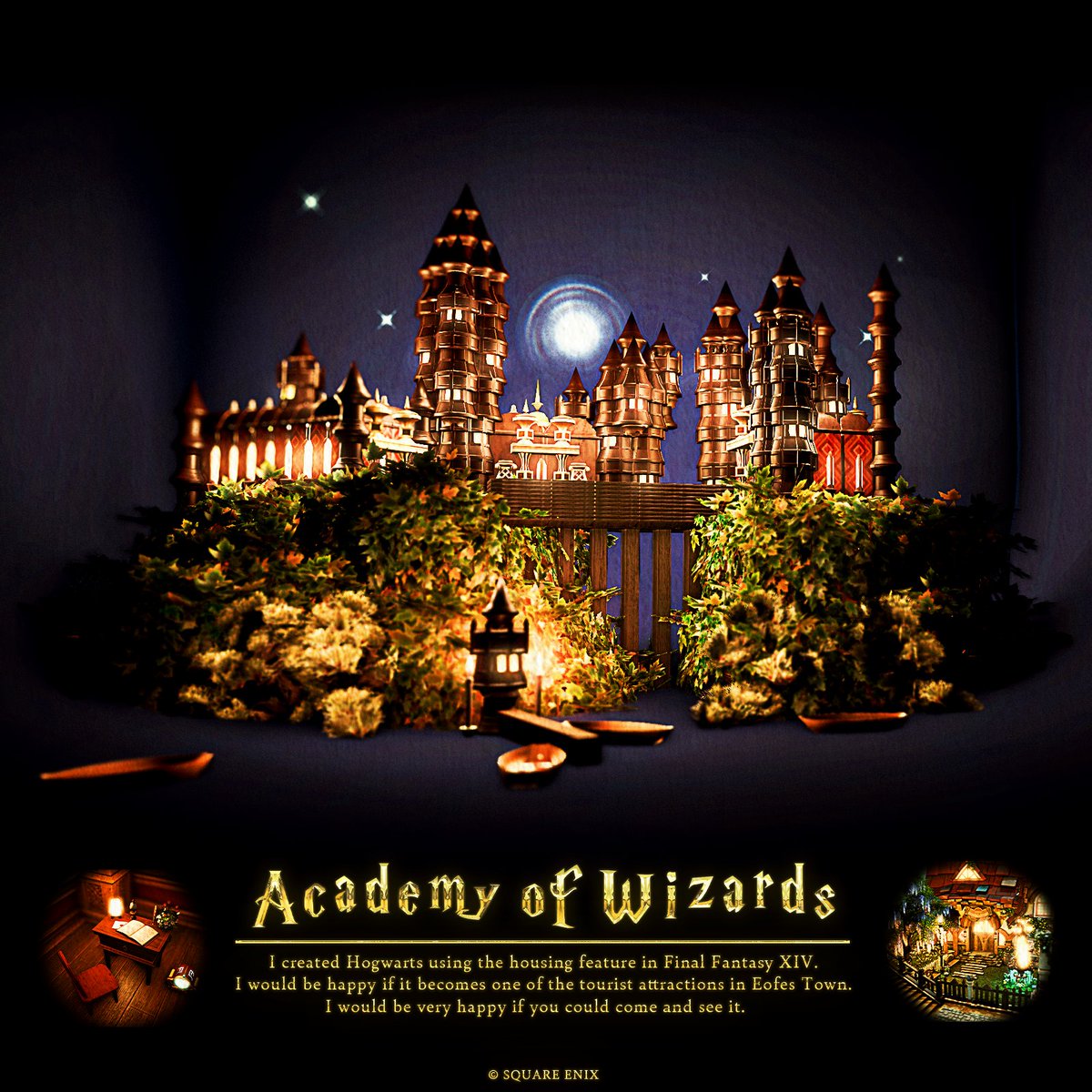 『Academy of Wizards』

住所：Materia/Bismark/Gob/15-17
🏷️：#ななしどっとこむ

新作です😊
ハ○ー・ポッ○ーのホグ○ーツをイメージしたジオラマを作りました🏰

＃エオフェスタウン の観光名所の一つになればいいなと思っています♪
演奏会やお店等の隙間時間等にでもお立ち寄りください！