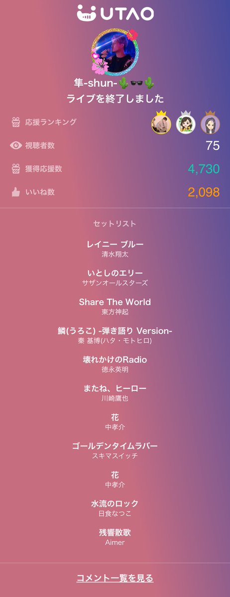 やりきりました！あとは運を天に任せましょう✨

皆さま、ありがとう❗️

隼-shun-🌵🕶🌵のライブ配信来てくれてありがとう！
#UTAO #カラスタ karasta.net/profile/bf6967…