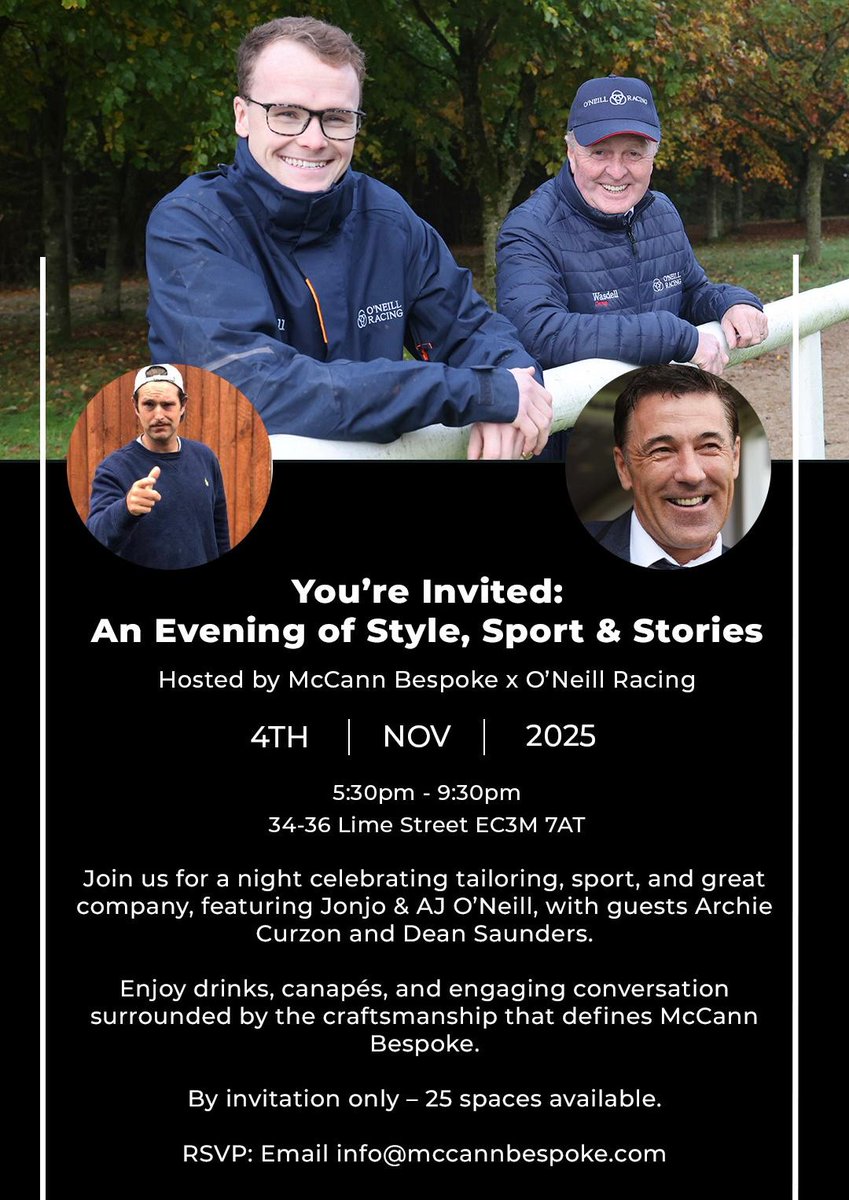 An evening where style meets sport 🥂

Join us at McCann Bespoke x <a href="/oneill_racing/">O'Neill Racing</a>  for a night of stories, laughs &amp; great company, with comedian Archie Curzon &amp; football legend Dean Saunders. Proudly sponsored by Gallaghers.
📩 info@mccannbespoke.com
#ONeillRacing