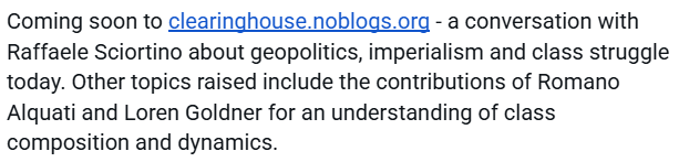 Clearinghouse99's tweet photo. Coming soon, an interview with Raffaele Sciortino @chuangcn
@endnotesjournal
@longhaul_mag
@ilc
@heatwvmag
@acfgeelong
@de_compositions
@ModenaKamo
@centro_di_docum
@the_antifada
@realite_world
@AuxStatements
@JournalSpectre
@radpublishers @yungw https://t.co/9mG7q2u29o