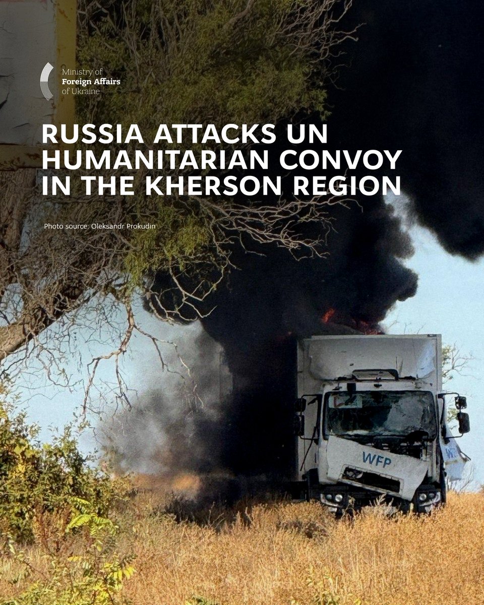 MFA_Ukraine's tweet photo. Russia attacked a humanitarian mission again.

On the morning of October 14, in the Kherson region, Russian forces deliberately targeted four UN OCHA trucks with drones and artillery. These white vehicles bearing humanitarian markings were delivering aid to civilians.

One truck was completely burned, another seriously damaged, and two managed to get away. Fortunately, no casualties were reported.

💬 "Another brutal violation of international law, proving Russia’s utter disregard for civilian lives and its international obligations," Andrii Sybiha, Minister of Foreign Affairs of Ukraine has stated. 

"We urge UN Member States to clearly condemn yet another attack on humanitarian personnel and impose additional pressure on the aggressor."