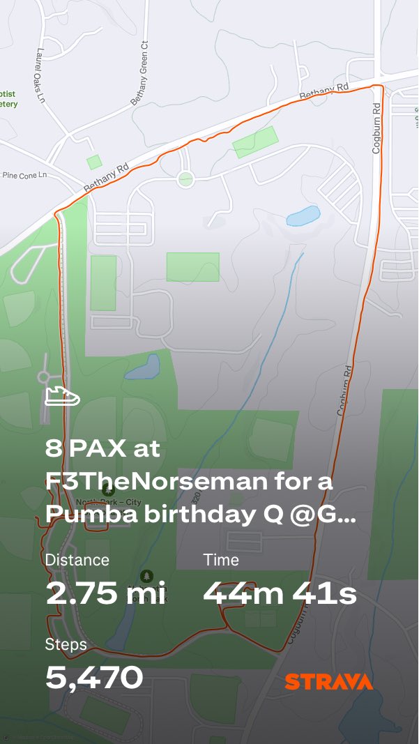8 PAX at F3TheNorseman for a Pumba birthday Q @G3Alpha

strava.app.link/TYOsYUHmsXb