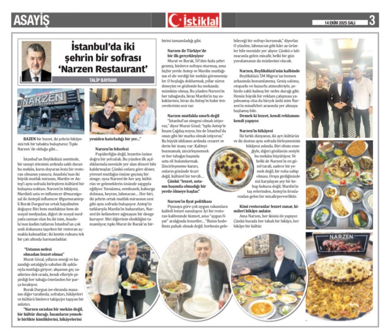 İstanbul ’da İki Şehrin bir Sofrası: “Narzen Restaurant” istiklal.com.tr/yazarlar/istan… <a href="/gazeteistiklal/">İstiklal Gazetesi</a> aracılığıyla