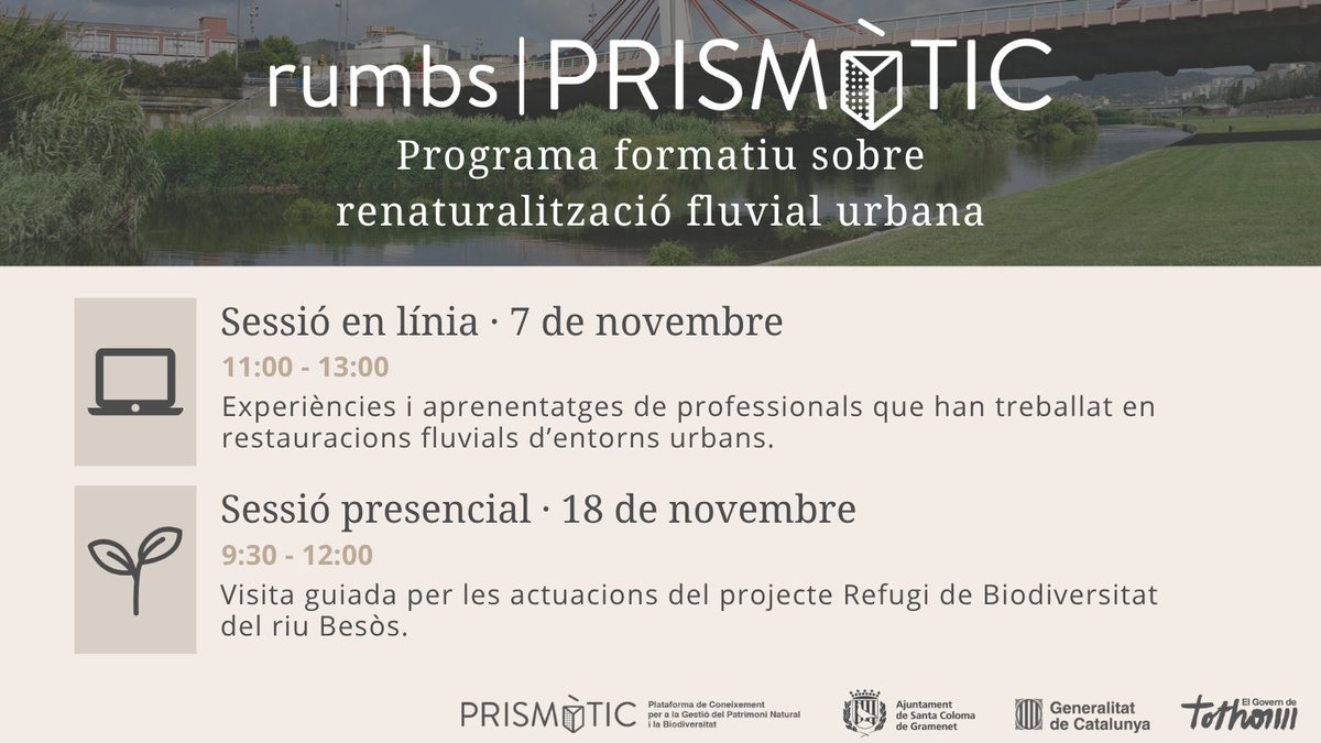 Enginyeria de Forests a Catalunya (@cefcat) on Twitter photo Nou espai formatiu híbrid  - #rumbsPrismàtic sobre renaturalització fluvial urbana. Sessió online divendres 7 de novembre, sSortida de camp: dimarts 18 de novembre. <a href="/Prismatic_nat/">Prismàtic</a>. Tota la info a: prisma-tic.cat/ca/agenda/prog…. Newsletter detallada: mailchi.mp/creaf/rumbspri… Nou espai formatiu híbrid  - #rumbsPrismàtic sobre renaturalització fluvial urbana. Sessió online divendres 7 de novembre, sSortida de camp: dimarts 18 de novembre. <a href="/Prismatic_nat/">Prismàtic</a>. Tota la info a: prisma-tic.cat/ca/agenda/prog…. Newsletter detallada: mailchi.mp/creaf/rumbspri…