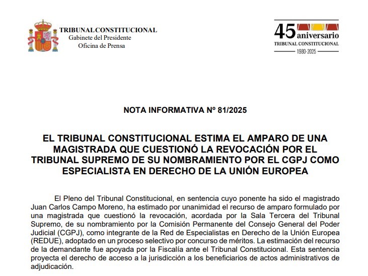 TConstitucionE's tweet photo. Nota de prensa | El Tribunal Constitucional estima el amparo de una magistrada que cuestionó la revocación por el Tribunal Supremo de su nombramiento por el CGPJ como especialista en derecho de la Unión Europea https://t.co/SDXbTzL3vs https://t.co/3EjqzW7ZiU