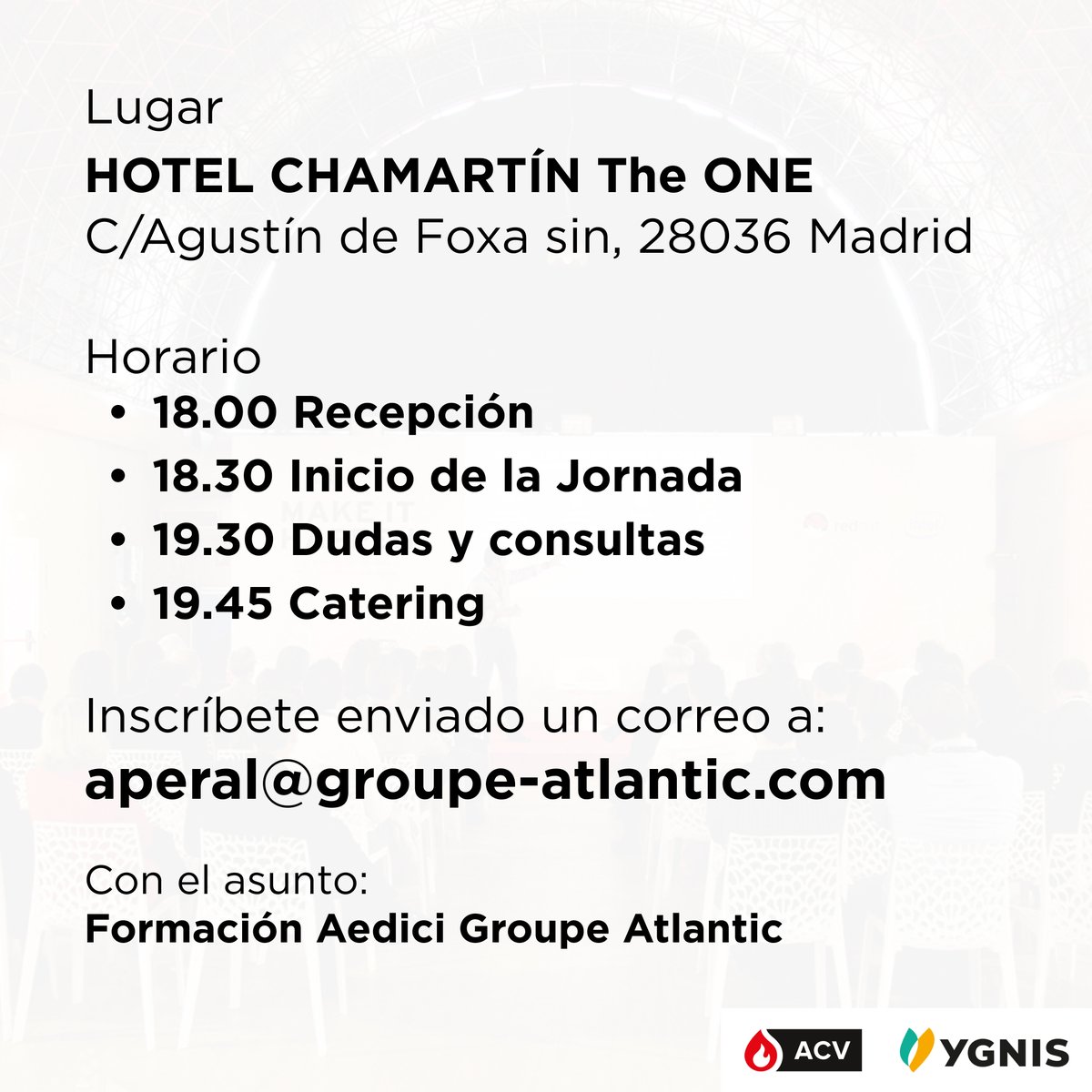 GroupeAtlantic's tweet image. 📣 Jornada sobre &quot;TENDENCIAS EN INSTALACIONES ACS&quot; el 23 de octubre en Madrid. 
#ACV_YGNIS y @AEDICI te invitan a participar. 
Inscríbete enviando un correo a aperal@groupe-atlantic.com con el asunto &quot;Formación Aedici Groupe Atlantic&quot;.