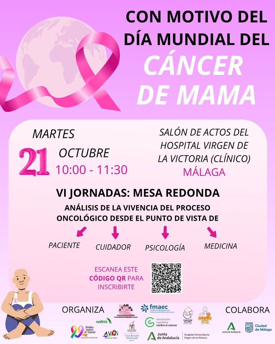 El martes 21/10 se celebran las VI Jornadas por el Día Mundial del Cáncer de Mama, organizadas por Unidos Contra el Cáncer 
🕛 10:00–11:30 | 📍H. Univ. Virgen de la Victoria
🎯 Espacio para diálogo entre pacientes, cuidadores y profesionales
📝 Inscripción vía QR del cartel