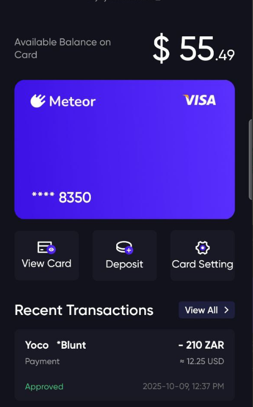 who's ready for <a href="/MeteorWallet/">Meteor Wallet</a> DEFI Visa Card on <a href="/NEARProtocol/">NEAR Protocol</a> ?

zero tx fees, apple/google pay ready, easy topup via NEAR intents to <a href="/gnosispay/">Gnosis Pay 🦉💳</a> 

beta coming soon