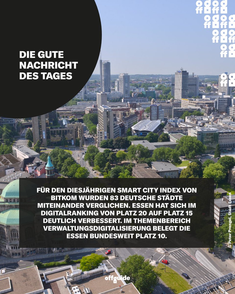 offguide's tweet image. Der Smart City Index von Bitkom Events untersucht alle deutschen Städte mit mindestens 100.000 Einwohner*innen mit insgesamt 163 Parametern in den fünf Kategorien Verwaltung, IT ­Infrastruktur, Energie/Umwelt, Mobilität und Gesellschaft.  
#smartcity #essenruhr #offguide