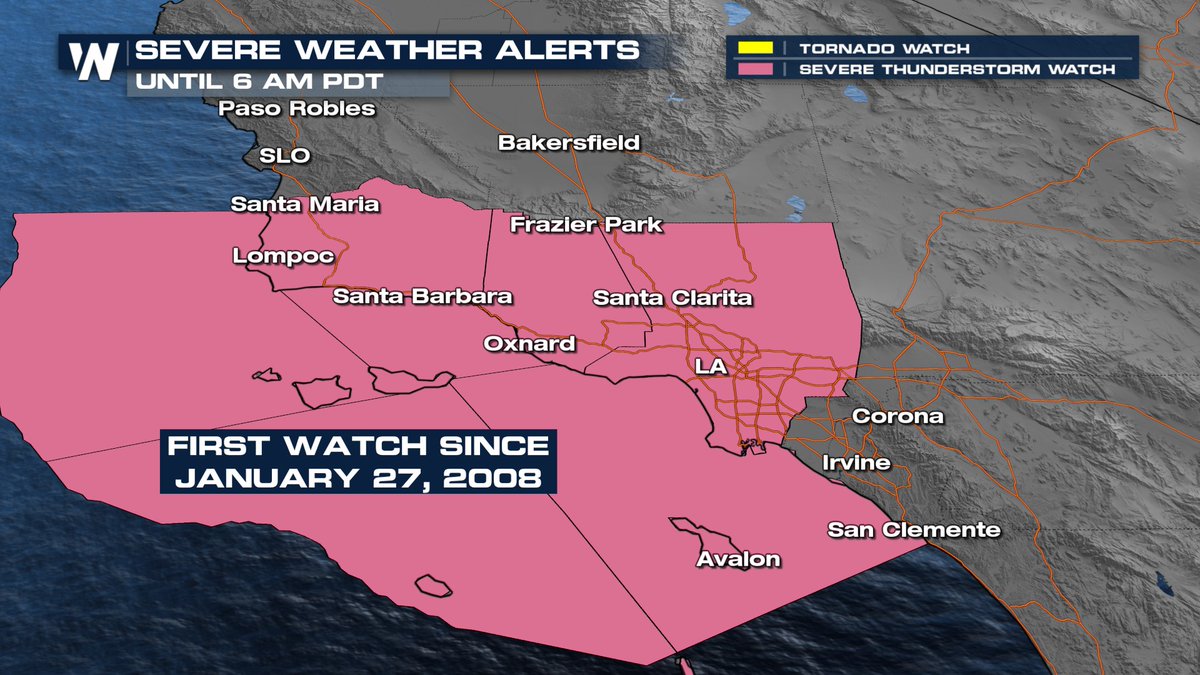 Yes you read that right. The Severe Thunderstorm Watch in place this morning was the first since 2008 for some areas of California!😲