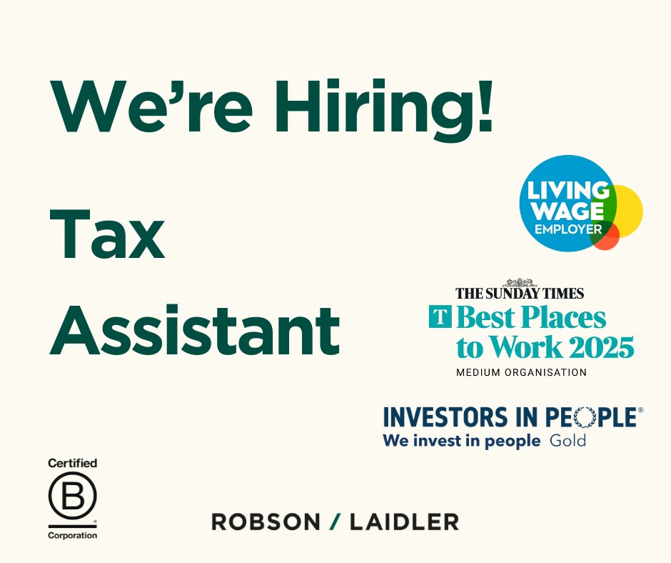 We’re on the lookout for a tax assistant to join our growing Tax Compliance team!

To join more about this opportunity and our award-winning team, visit our careers page: robson-laidler.co.uk/careers/