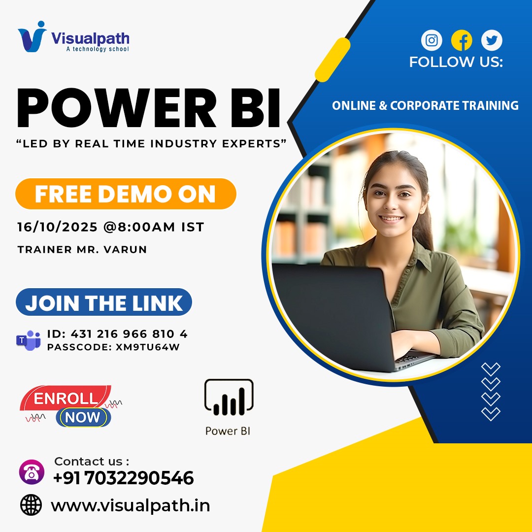 VisualpathPro's tweet image. 🎯Free Demo - Power BI Online Training
📅Date & Time: 16/10/2025 @ 8:00 AM IST
Join Here: bit.ly/4ogPMd5
🆔Meeting ID: 431 216 966 810 4 | 🔑 Passcode: xM9tU64W
𝗪𝗵𝗮𝘁𝘀𝗔𝗽𝗽: wa.me/c/917032290546
#powerbi #SQL #Microsoft #powerapps #Software #ITskills